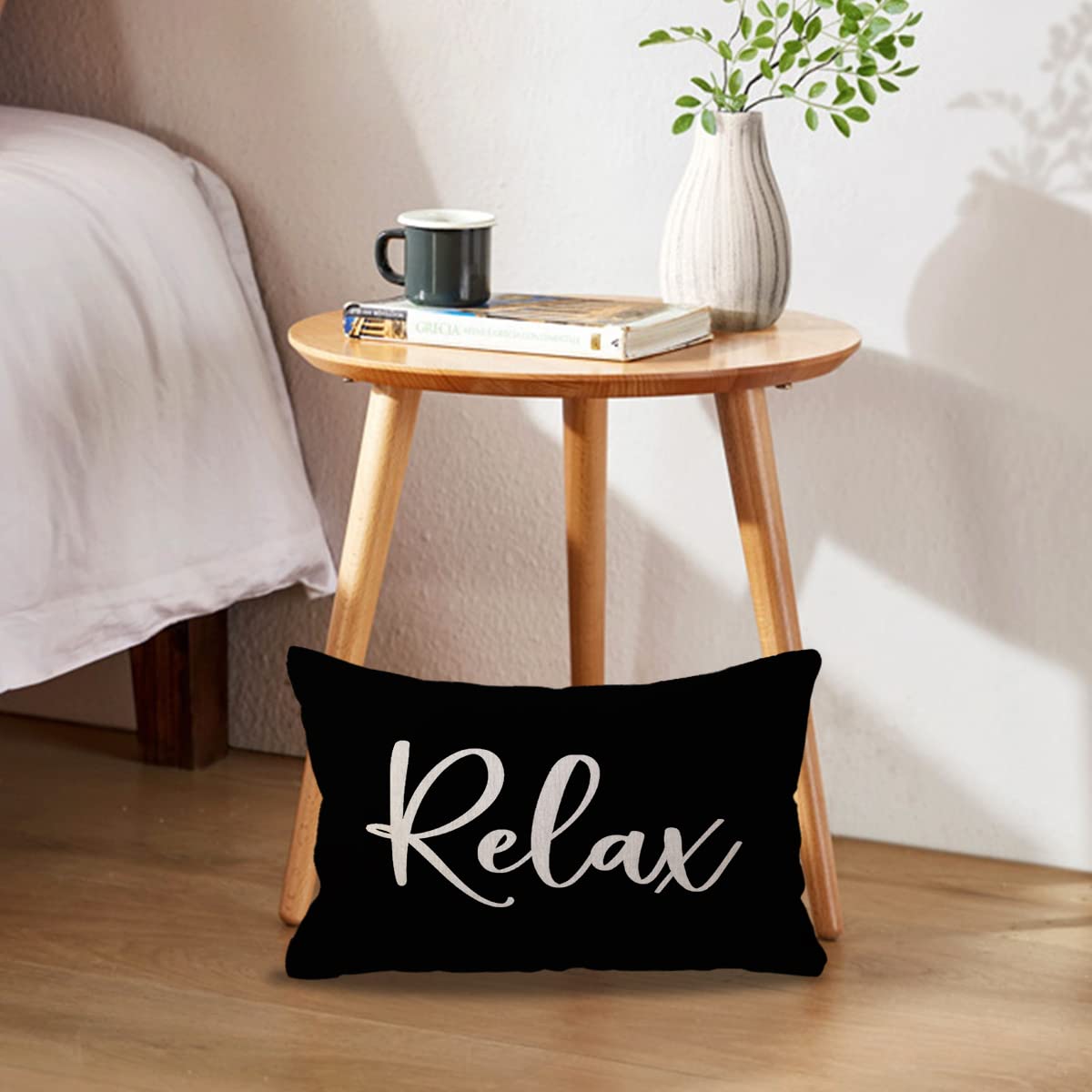 ULOVE LOVE YOURSELF Relax Lumbar Throw Pillow Case 12×20 Inch Housewarming Gifts Farmhouse Black Decorative Rectangular/Waist Cushion Cover for Sofa Beach Porch Bench Decor(12"×20", Black)
