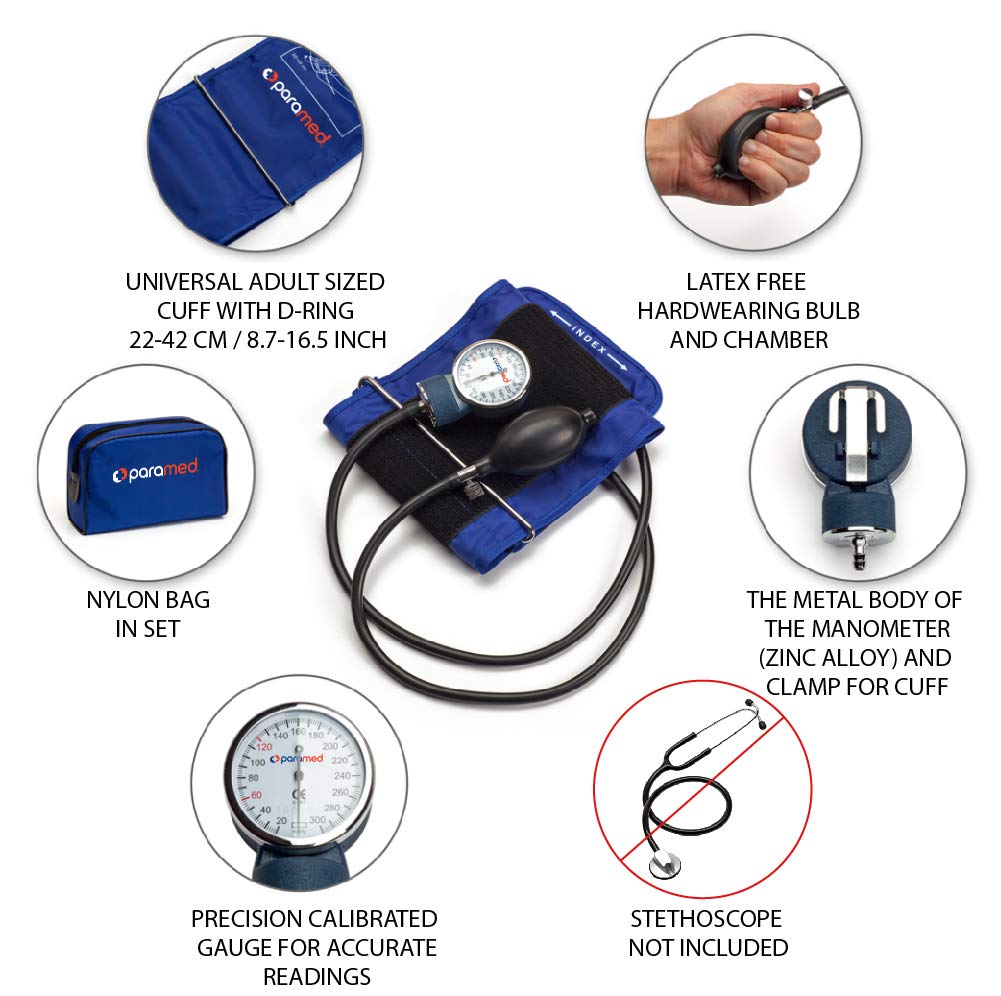 PARAMED Aneroid Sphygmomanometer – Manual Blood Pressure Cuff with Universal Cuff 8.7-16.5" and D-Ring – Carrying Case in The kit – Blue – Stethoscope Not Included