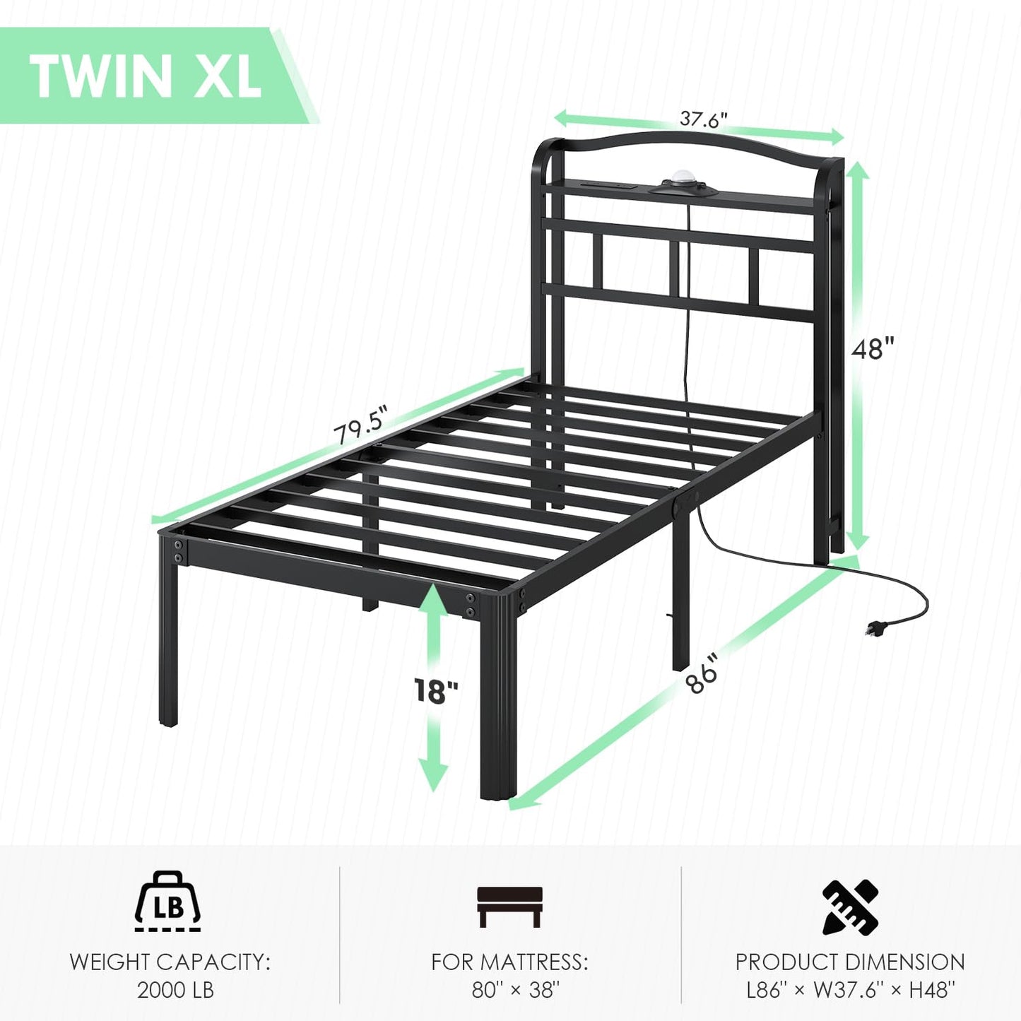 QEROMY Twin XL Bed Frame - Storage Headboard with Galaxy Aurora Star Projector & Charging Station, 18 inch Heavy Duty Metal Bed Frame No Box Spring Needed, Easy Assembly