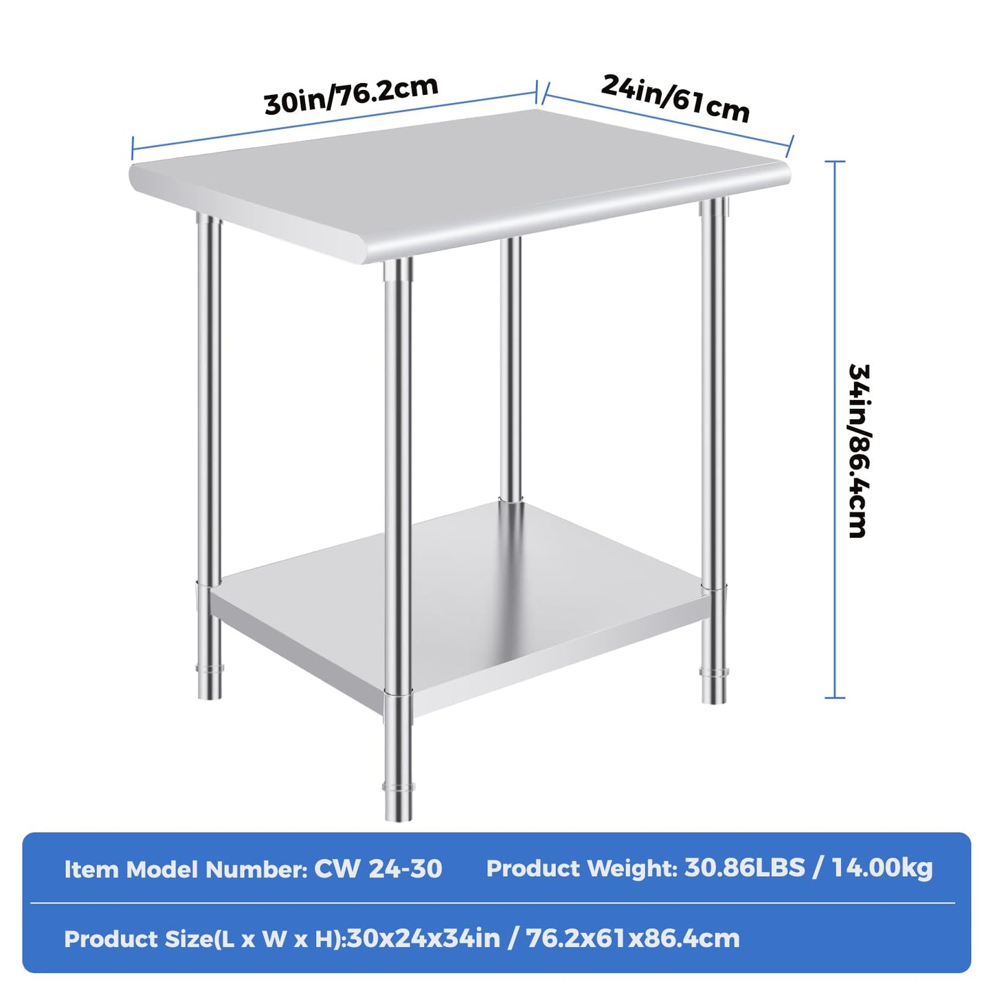 OSTBA Stainless Steel Table for Prep & Work 24x30 Inches, NSF Metal Commercial Heavy Duty Table with Adjustable Undershelf and Adjustable Foot for Restaurant Kitchen Home and Hotel