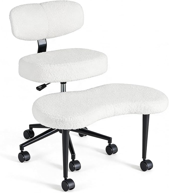 DUMOS Ergonomic ADHD Cross Legged Office Desk Chair with Adjustable Backrest, Height Adjustbale Meditation Chair with 360° Swivel Footstool, Teddy Fabric Yoga Stool for Home Office, White