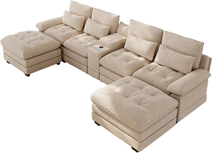 BEQAI 134"U Shaped Sectional Couches for Living Room, Oversized Modular Sectional Fluffy Couch with 2 Ottoman & Storage Console,Modern 6 Seat Living Room Sofa with Glitter Fabric,Tufted Buttons, Camel