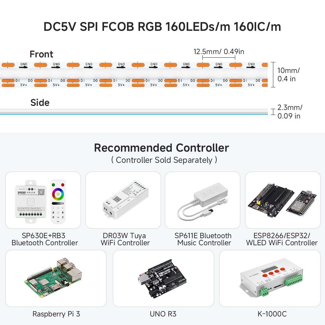 BTF-LIGHTING FCOB COB WS2812B IC RGB LED Strip DC5V 6.5FT Individual Addressable 160Pixel/m 320LEDs 320IC Dream Color IP30 Non-Waterproof High Density Light 0.39in Width(No Adapter or Controller)