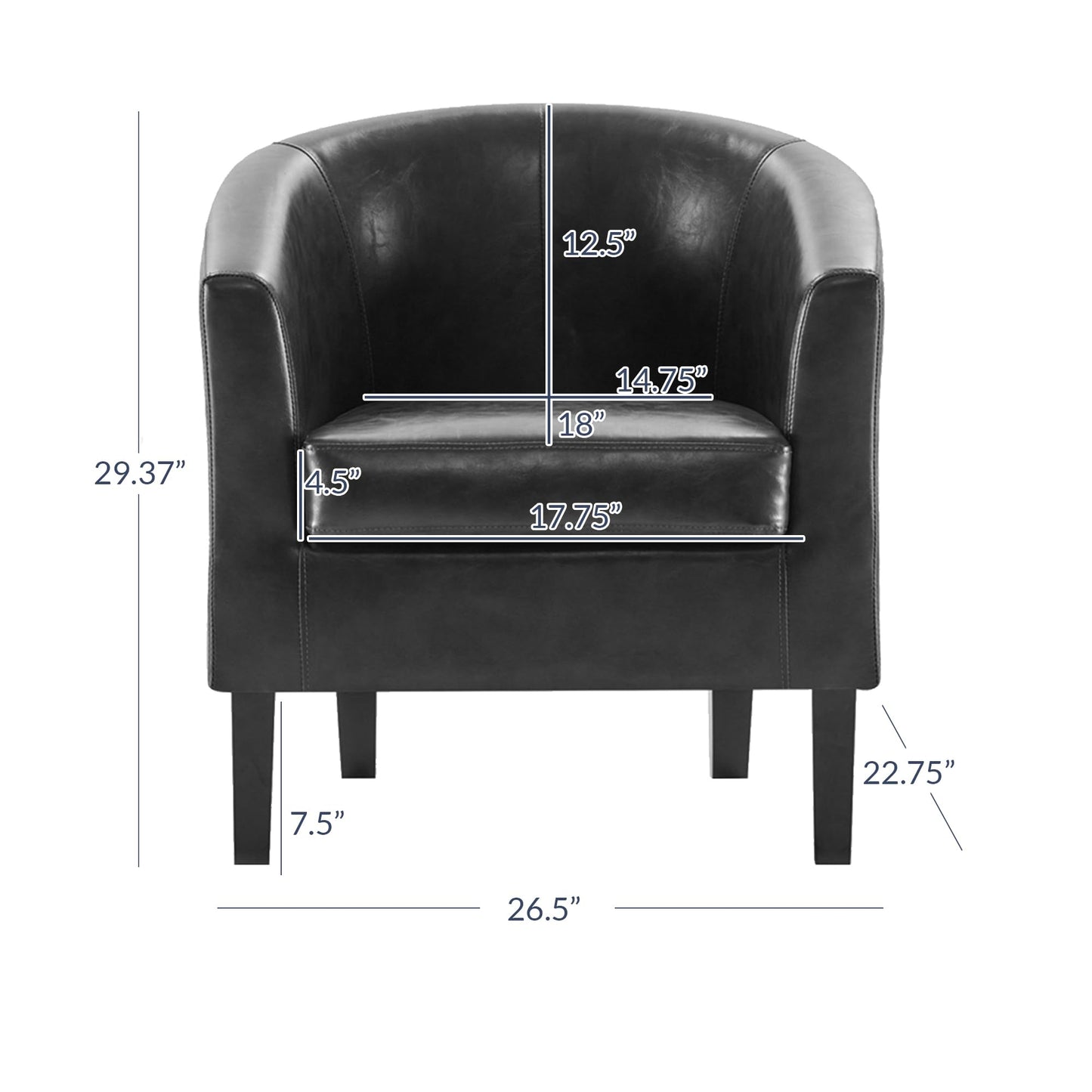 BELLEZE Living Room Chair, Faux Leather Round Accent Barrel Chair, Club Tub Sofa Chair for Bedroom, Corner Chair with Flared Legs and Cozy Soft Padding - Highland (Black)
