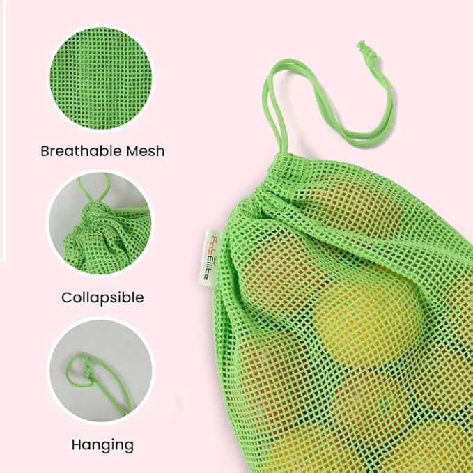 Buzzspree Eco-Friendly Cotton Mesh Produce Bags – Reusable, Washable & Sustainable Drawstring Net Bags for Fruits, Vegetables, Grocery Shopping & Kitchen Storage Organizer