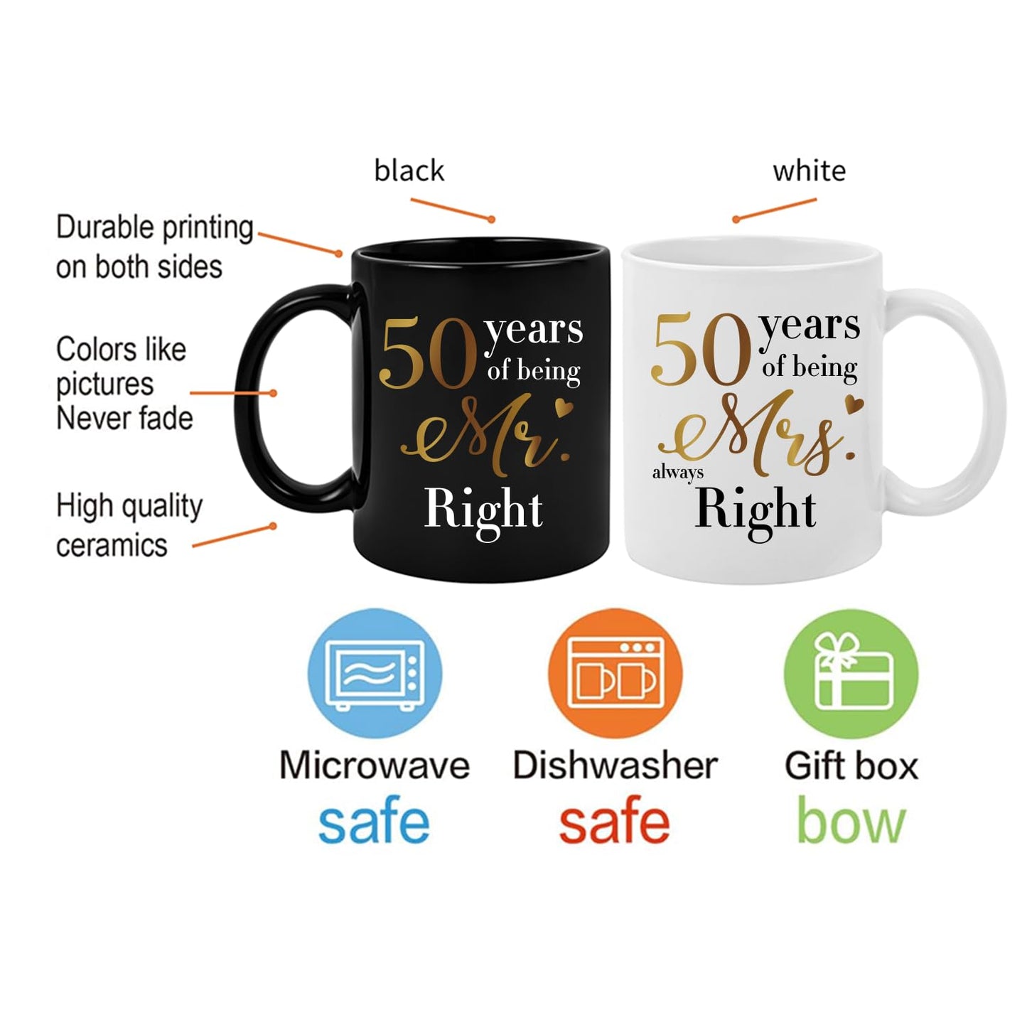 ZWV 50th Anniversary Coffee Mug Set, Ideal Gift for Mr Right/Mrs Always Right, 50th Wedding Anniversary Decoration Gift Cup for Couples Parents Grandparents, 2 Black and White Mugs-z34