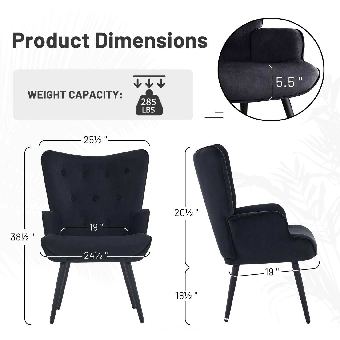 Furniliving Velvet Accent Chair for Living Room, Upholstered Reading Chair with High Backrest, Tufted-Button Wingback Armchair for Bedroom, Dressing Room, Home Office, Black, Set of 2