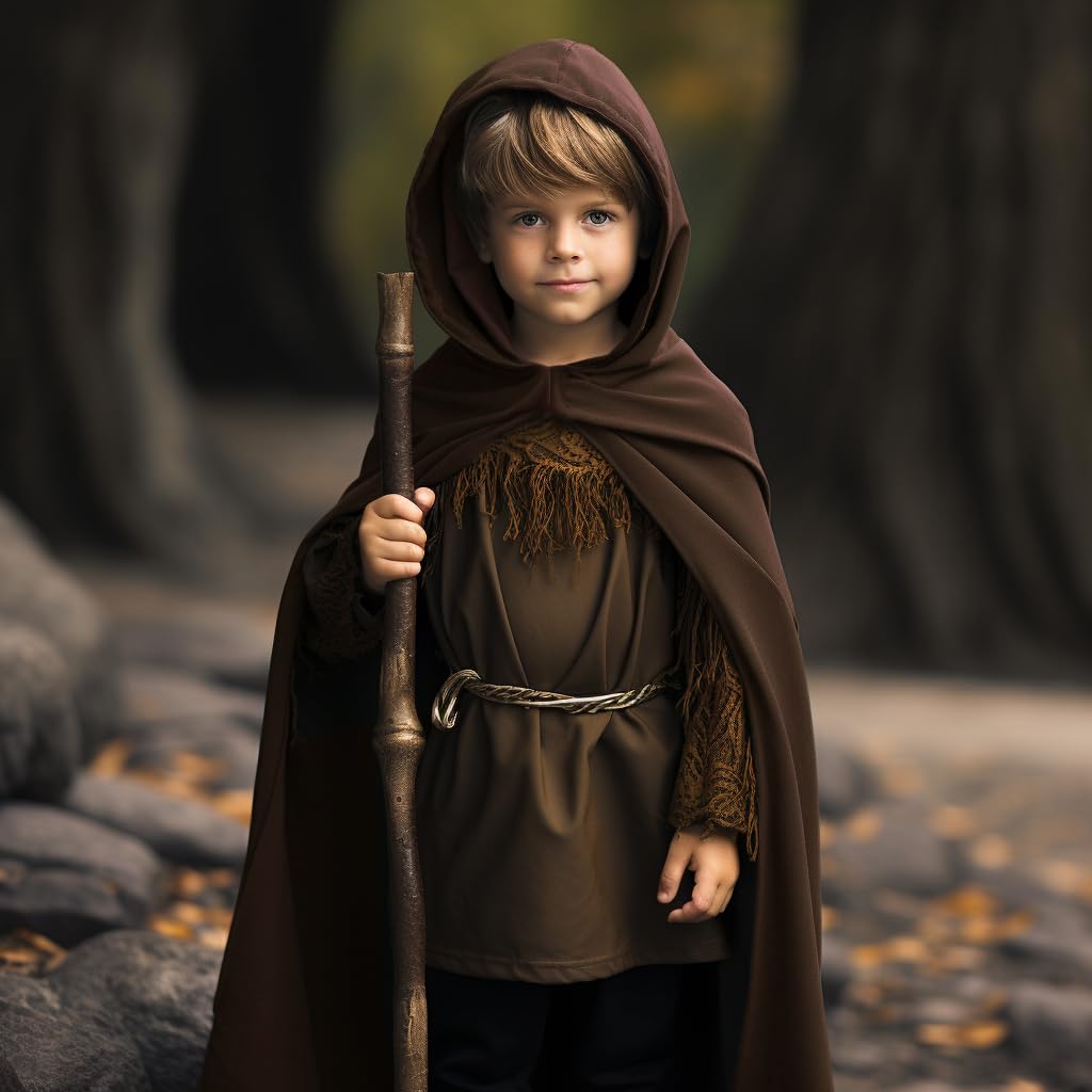 HOMELEX Brown Renaissance Costume for Boys - Kids Medieval Cloak With Hood Halloween Ranger Wizard Elven Hooded Cape Robe