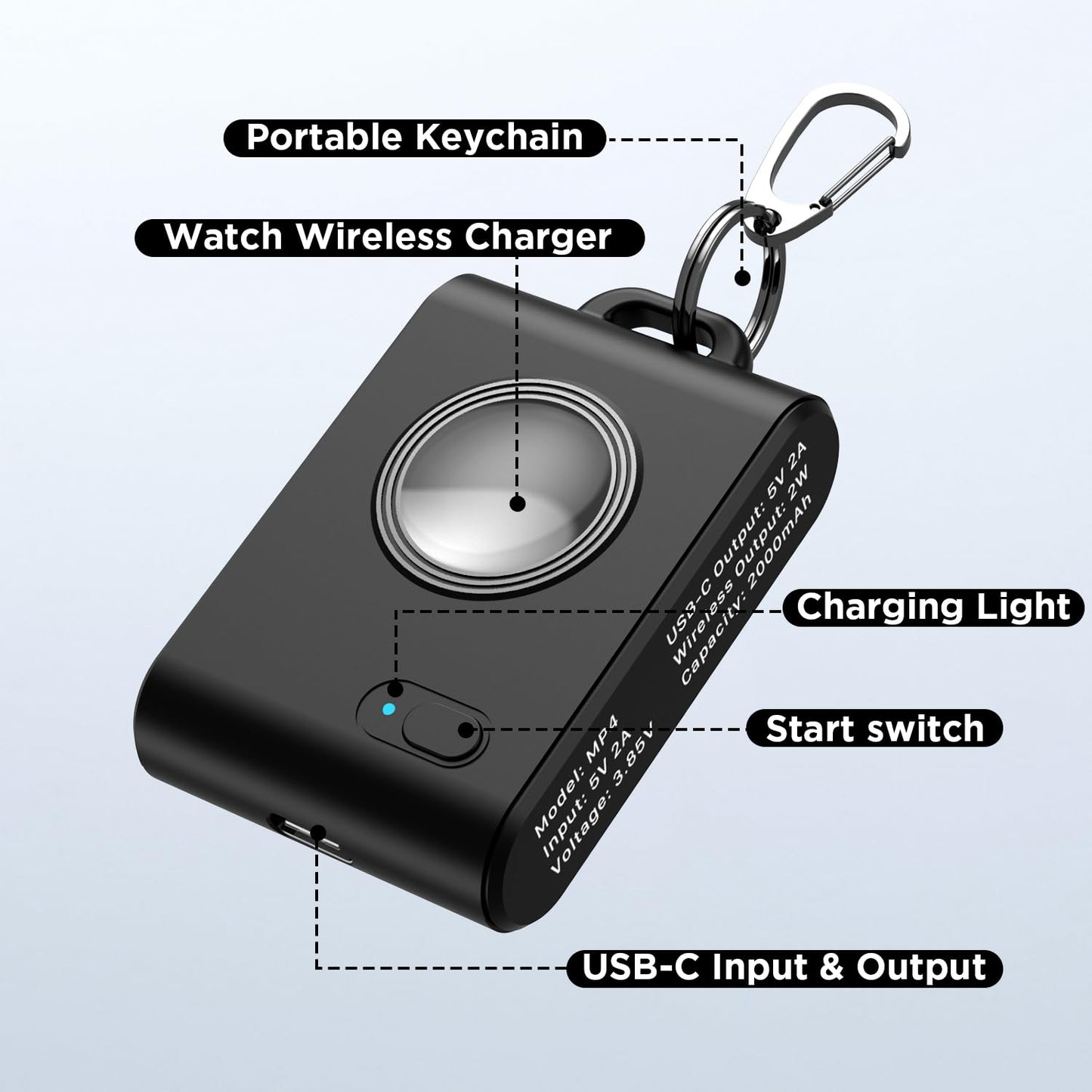 Huaeng (2-Pack Keychain Portable Wireless Magnetic Iwatch Charger, 2000Mah Mini Power Bank Travel Smart Watch Charger Power Pod