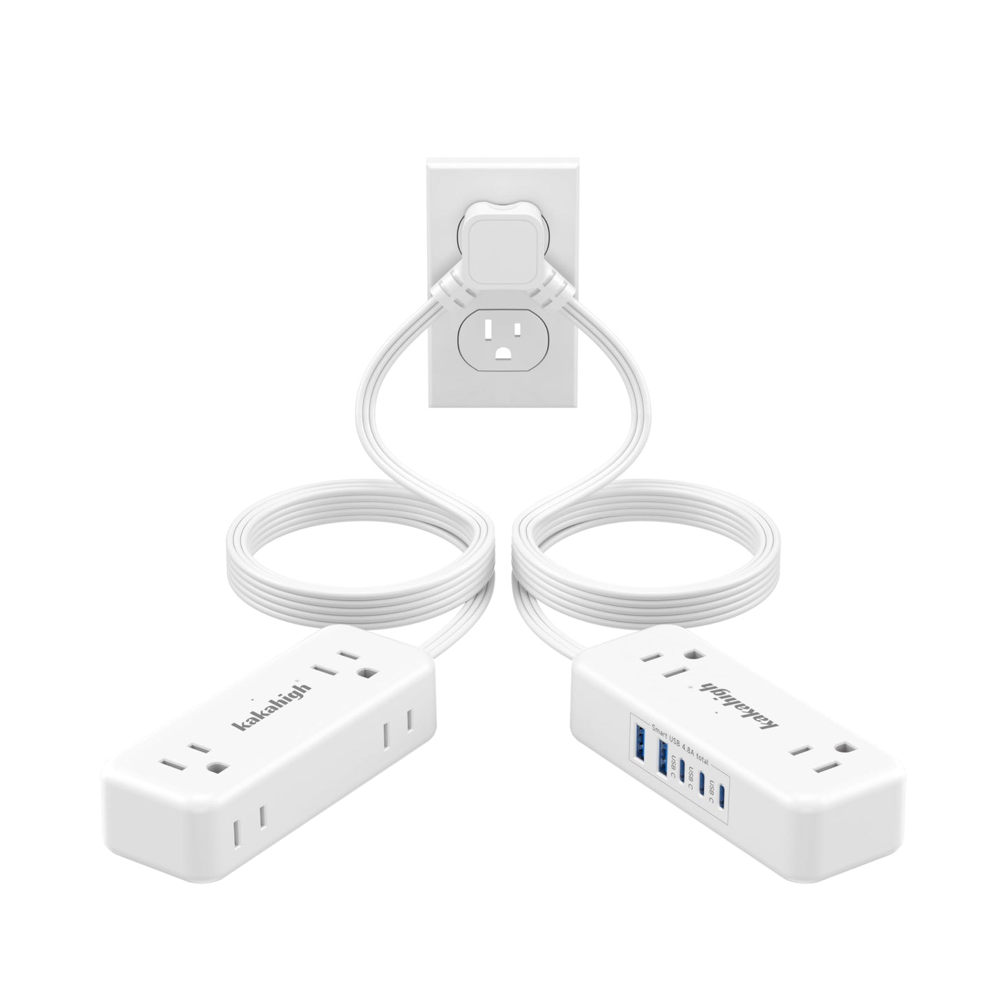Split Extension Cord 10FT (5FT on Each Side), Single Flat Plug Twin Extension Cord with 4 AC Outlets, 2 USB-A & 3 USB-C(24W/4.8A