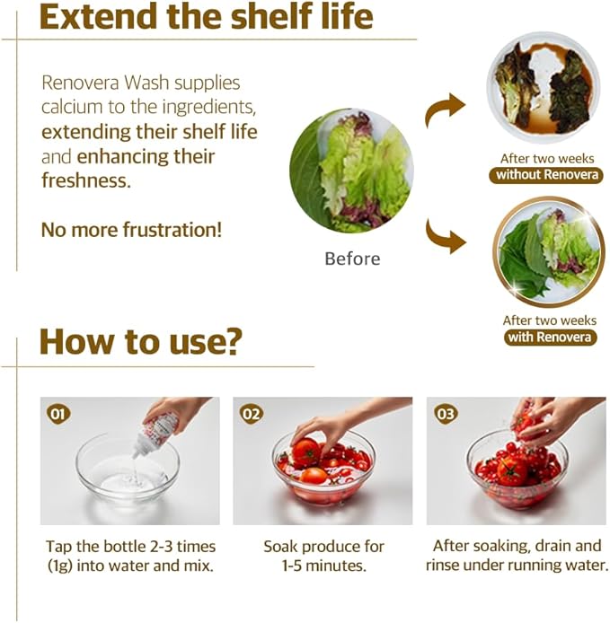 Fruit & Vegetable Wash | 1 Bottle Lasts 1 Year, Gentle Enough for Baby Food, Single Ingredient, Removes Residues, Calcium Helps Keep Produce Fresh 20x Longer