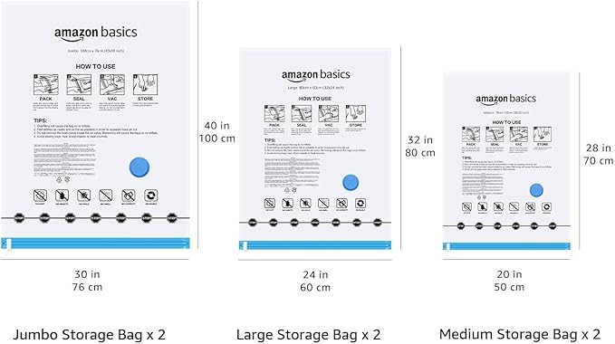 Amazon Basics Multiple Vacuum Compression Zipper Storage Bags for Space Saving and Travel with Hand Pump, 6-Pack (2 Jumbo, 2 Large, 2 Medium), Transparent