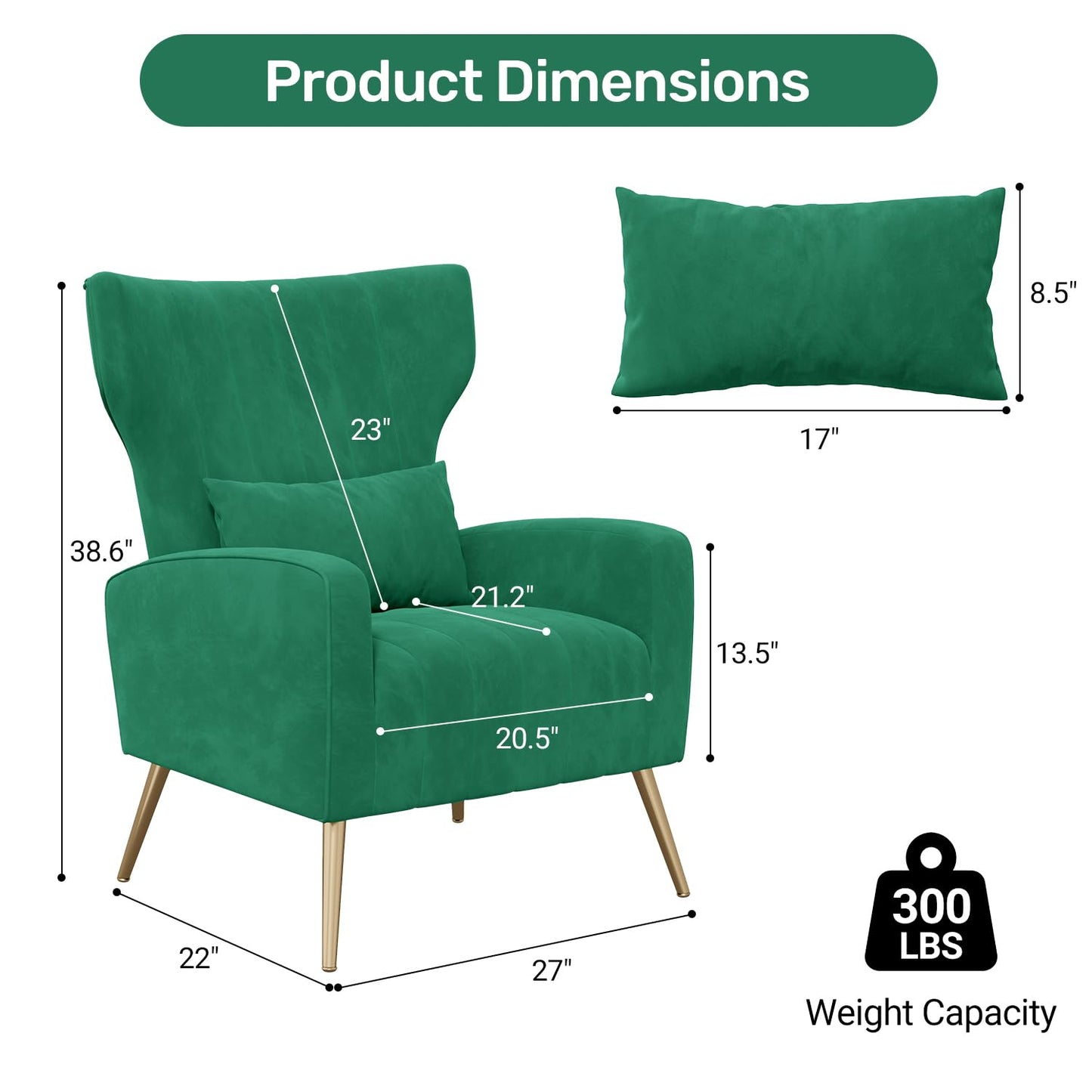 Nebuaegis Velvet Accent Chair Wingback for Living Room, High Back Arm Chair with Golden Legs Lumbar Pillow, Upholstered Single Sofa Bedroom Green