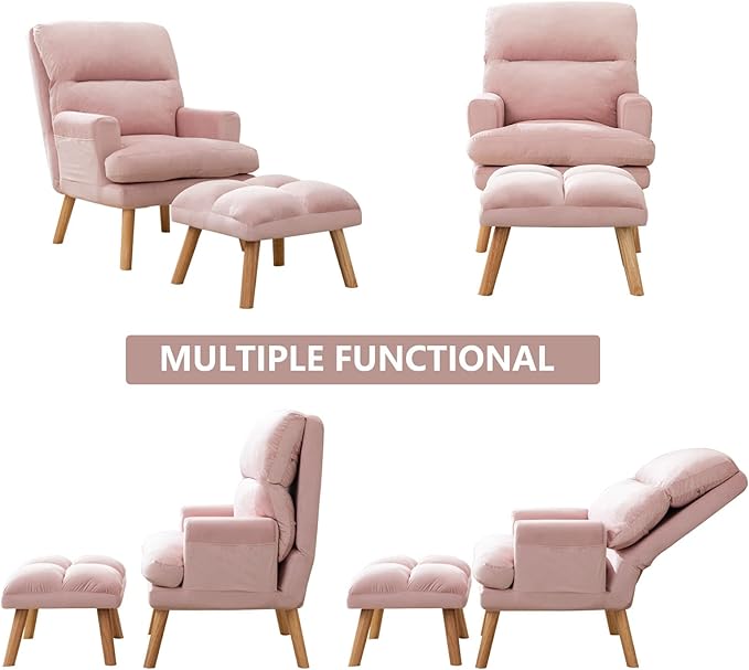 CANMOV Modern Accent Chair with Ottoman, Soft Fabric Armchair with Adjustable Backrest and Side Pockets, Comfy Lounge Chair for Living Room, Bedroom, Apartment, Office, Pink