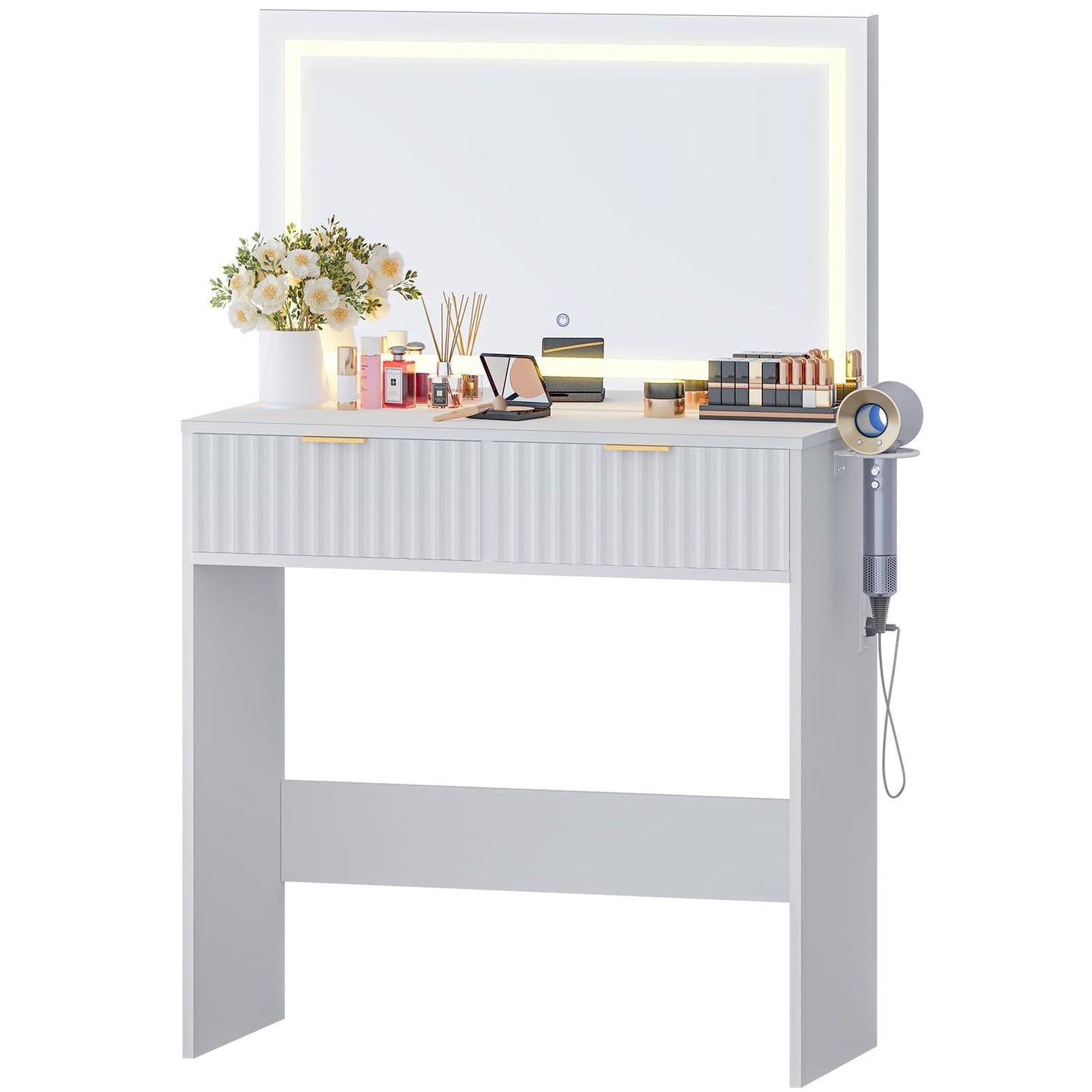 GAOMON Vanity Desk with Mirror and Lights, Fluted Wood Makeup Vanity with 2 Drawers, Modern Dressing Table with 3 Lighting Modes & Charging Station, Hair Dryer Rack for Bedroom, Light Wood/Gold