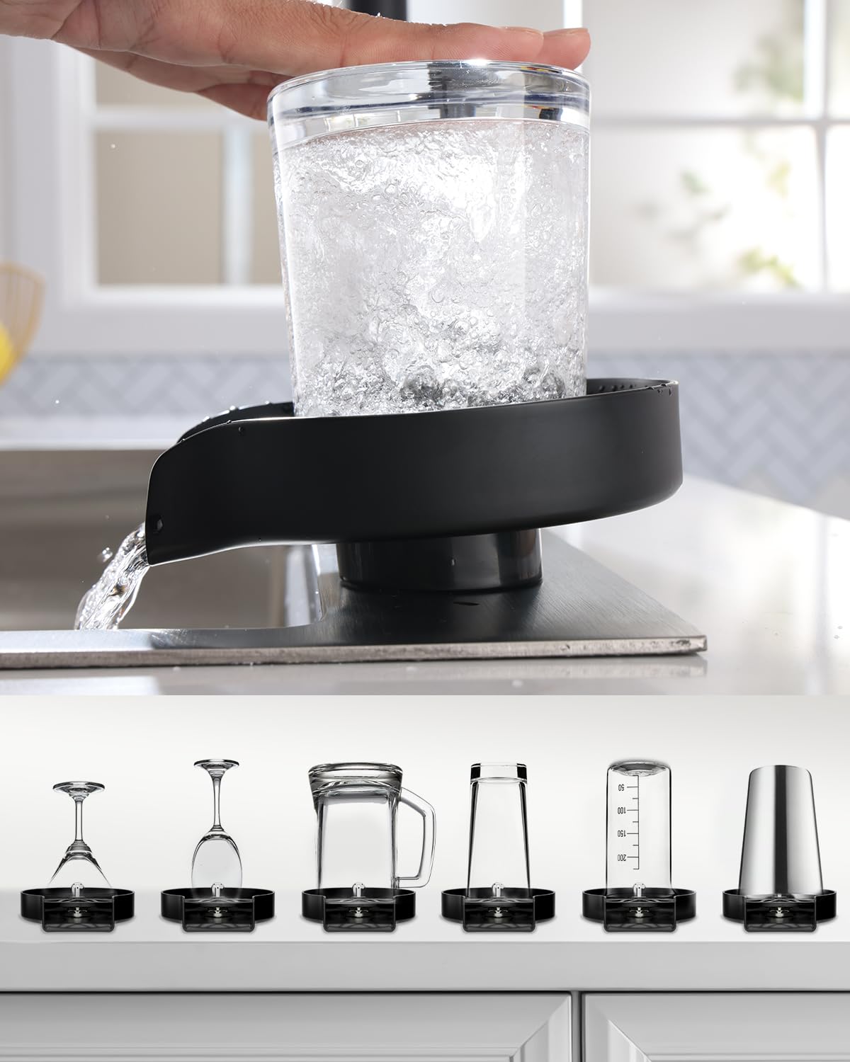 Glass Rinser for Kitchen Sink, Universal Sink Bottle Washer for Baby Bottle Glass Cup, Black Cup Washer for Sink, Stainless Steel