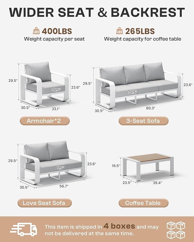 Aluminum Outdoor Patio Furniture Set, 5 Piece Oversized Patio Conversation Sets Widened Armrest & Ultra-Thick Cushions, Heavy Duty Modern Sectional Furniture for Backyard, Porch, White