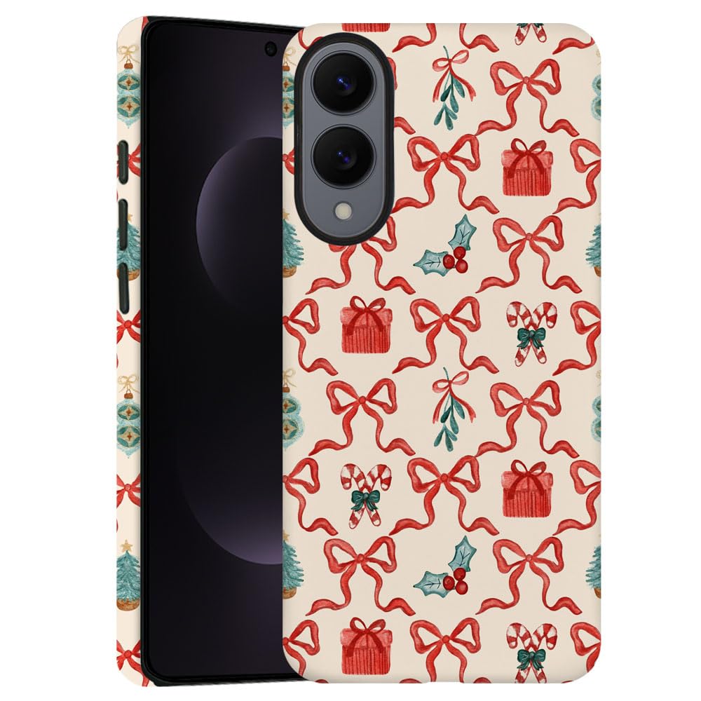 TnXee Case for Samsung Galaxy S25 Edge,Red Green Christmas Tree Scroll Bow Phone Case Drop Resistant Frosted 2 in 1 Solid Dual-L