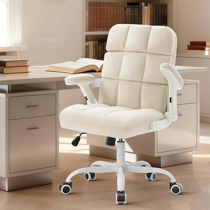 SEATZONE Home Office Chair–Beige Velvet Desk Chair with Wheels, Comfortable Computer Work Chair with Flip-up Arms and Adjustable Tilt