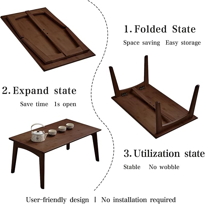 JIKUGO Japanese Floor Table No Assembly Required Bamboo Folding Walnut Coffee Table Bedroom 26x15.8x11.8in Furniture Low Tea Table for Sitting on The Floor Chestnut Large