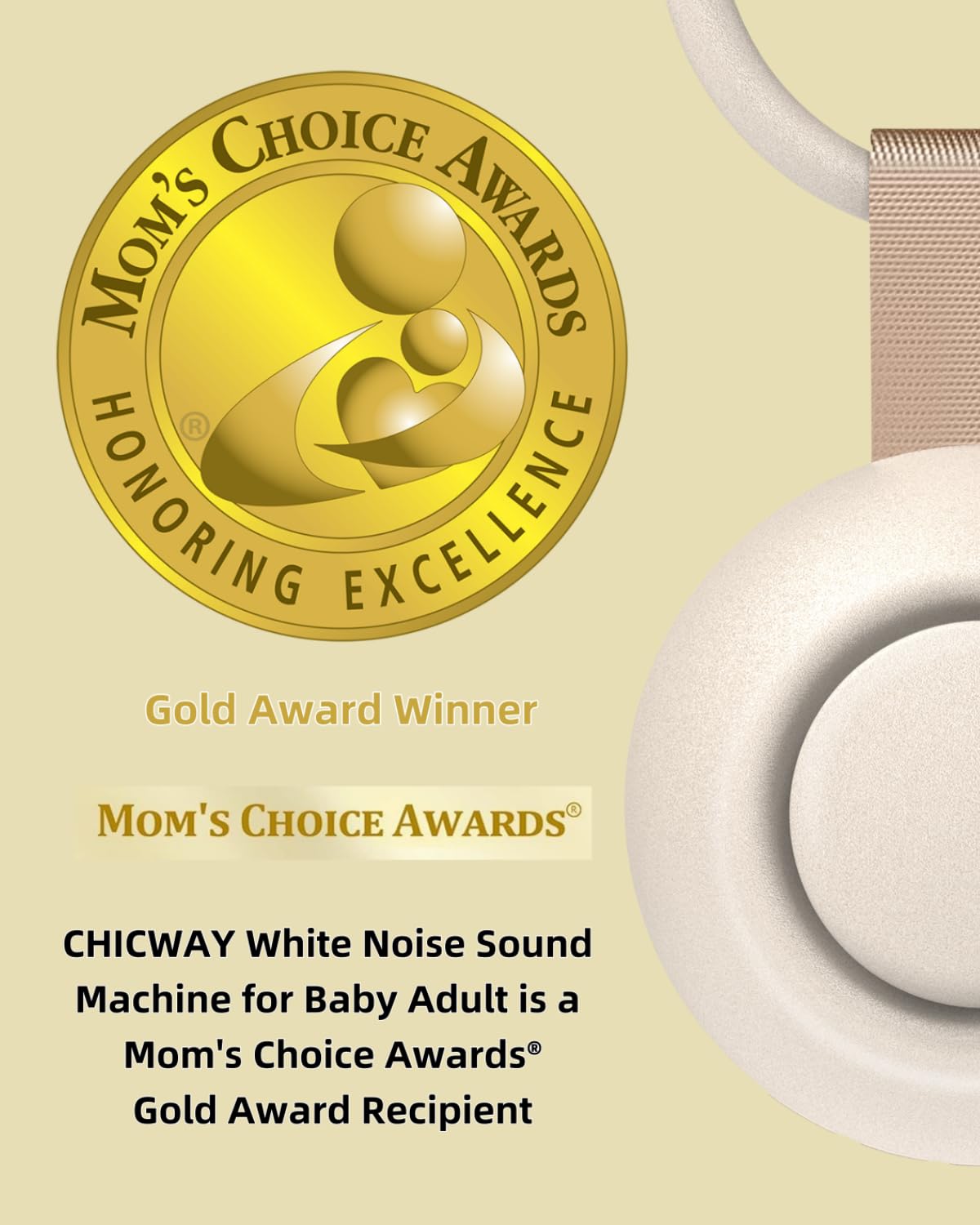 CHICWAY 2026 Mom's Choice Awards, Portable Sound Machine for Baby Adult, AI Cry Detection, 18 Soothing Sound, Bluetooth Rechargeable White Noise Machine for Home Office Travel, Nursery Light, Gray
