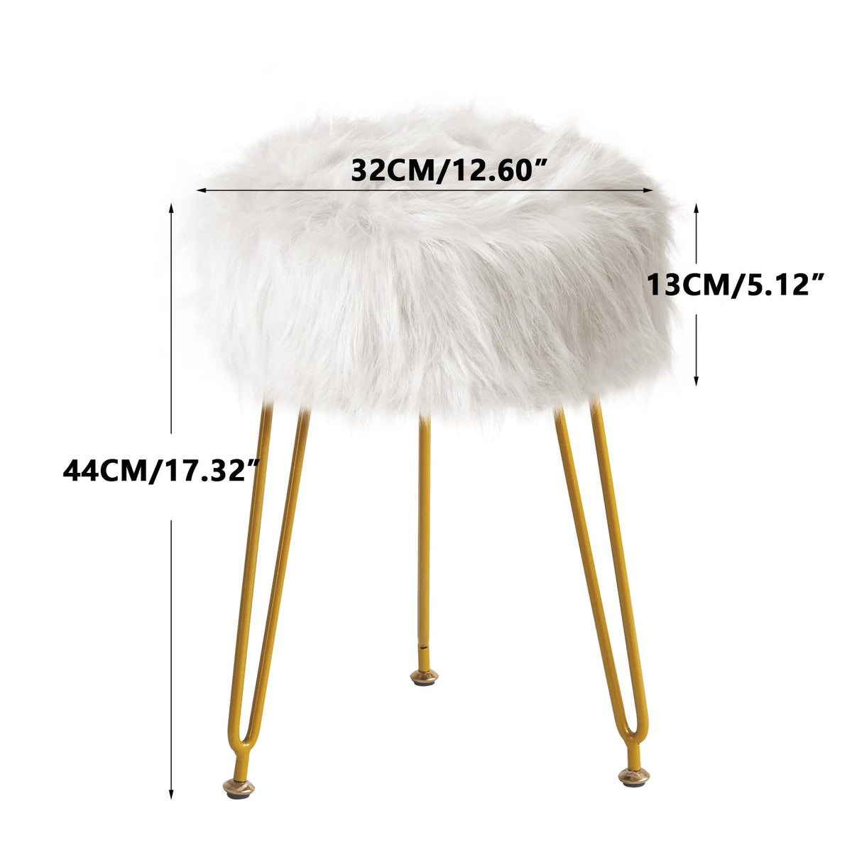 IBUYKE Faux Fur Vanity Stool Chair, Furry Makeup Stool Ottoman, Soft Padded Seat, Round Footrest Footstools with 4 Metal Legs, for Living Room Bedroom Entryway, White LG-32W