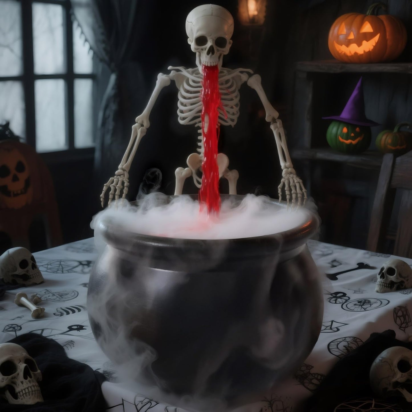 Halloween Decoration, Ultrasonic Mist Maker Fogger with Black Witch Cauldron Halloween Skeleton Splash Guard, Spooky Hocus Pocus Party Halloween Decor for Home Table Kitchen Garden