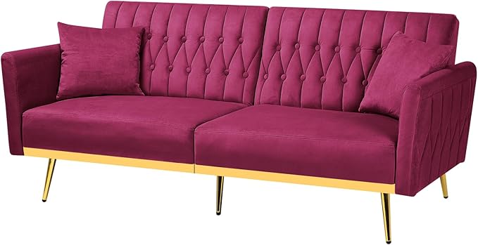 ACMEASE 70” Velvet Futon Sofa Bed with 2 Pillows and Adjustable Armrests, Convertible Sleeper Bed W/Adjustable Backrests, Modern Loveseat for Living Room, Bedroom, Fuchsia