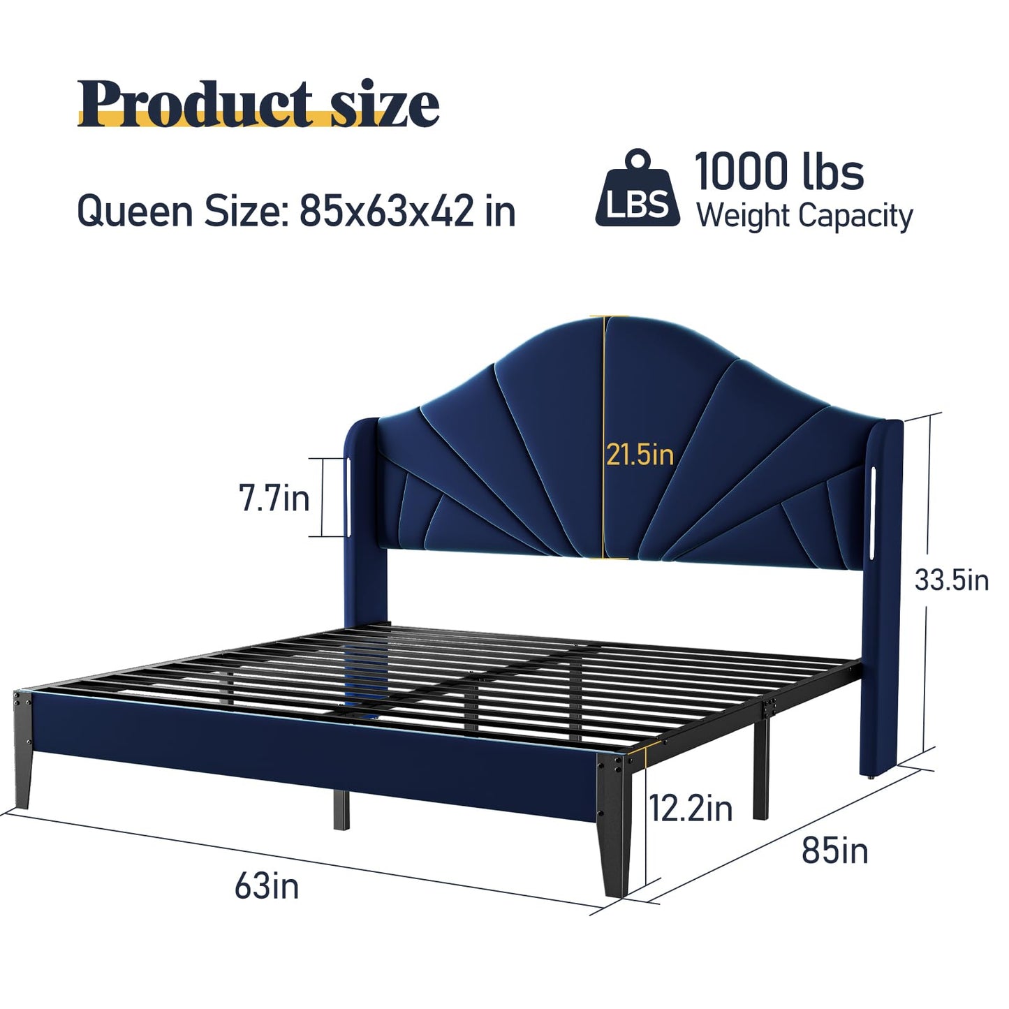 LegacyAmerhome Queen Size Bed Frame with Headboard Touch LED Lights, Wingback Upholstered Platform Bed Queen Size Modern Design No Box Spring, Easy Assembly Contemporary Sleep Solution, Velvet Blue