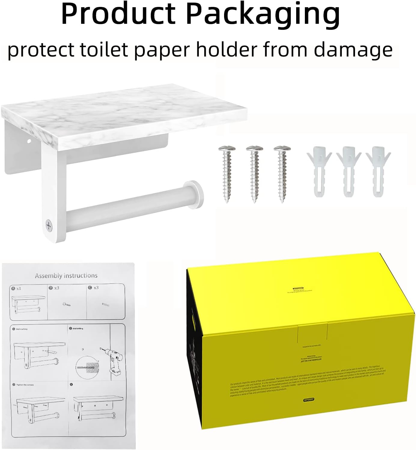 Toilet Paper Holder with Natural Marble Shelf, 304 Stainless Steel Screw Wall Mounted, Tissue Roll Paper Holder Dispenser for Bathroom Washroom White