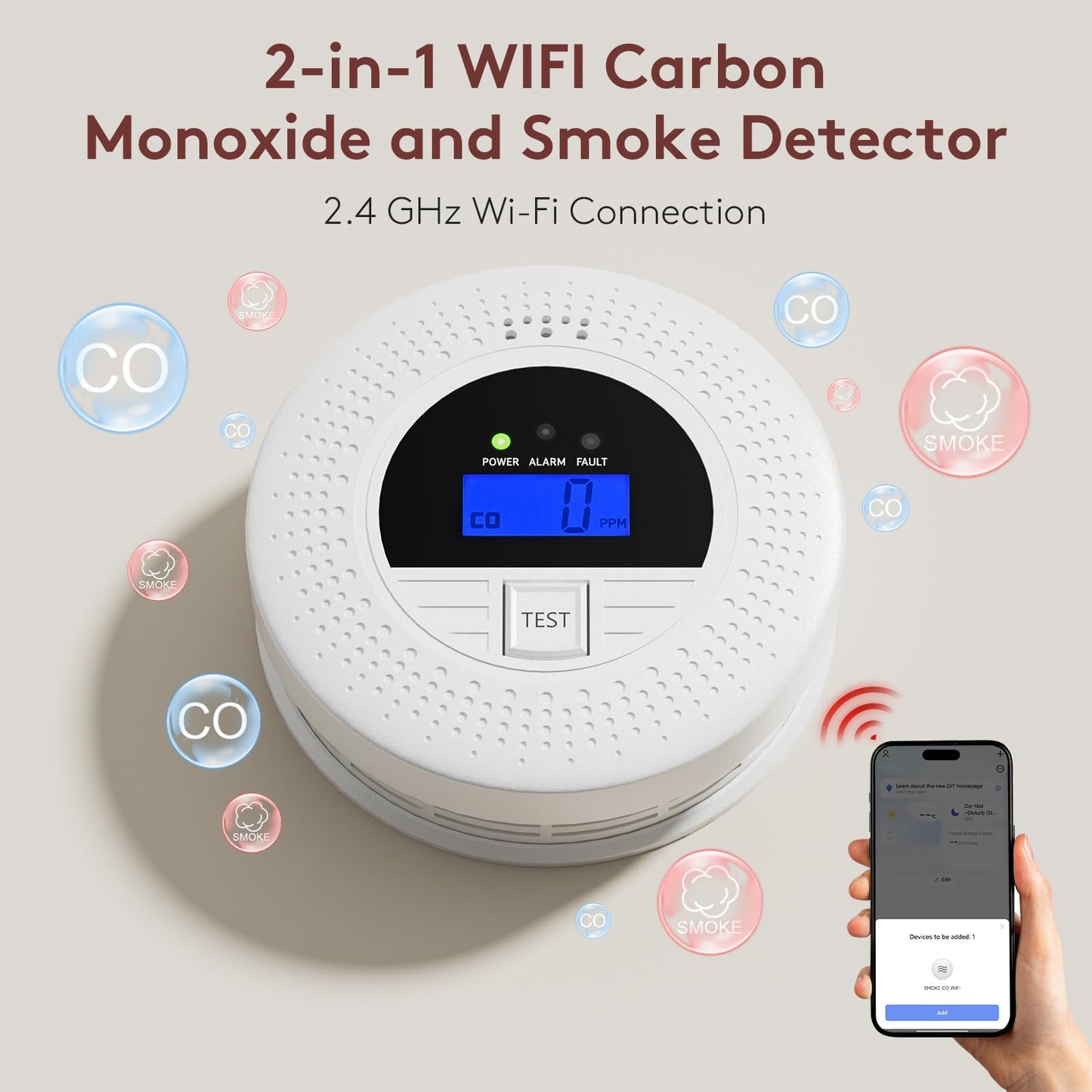 WiFi Carbon Monoxide & Smoke Detector 2-in-1 with Clear Display, Battery Powered, 85dB Warning, Test Button, Portable,Perfect for Bedroom,Living Room,RV, Essential for Family