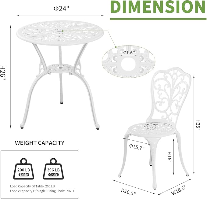 Withniture Patio Bistro Set 3 Piece Outdoor, All Weather Patio Furniture Bistro Table and Chairs Set of 2, Cast Alumium Bistro Table Set with Umbrella Hole for Garden Porch (Butterfly, White)