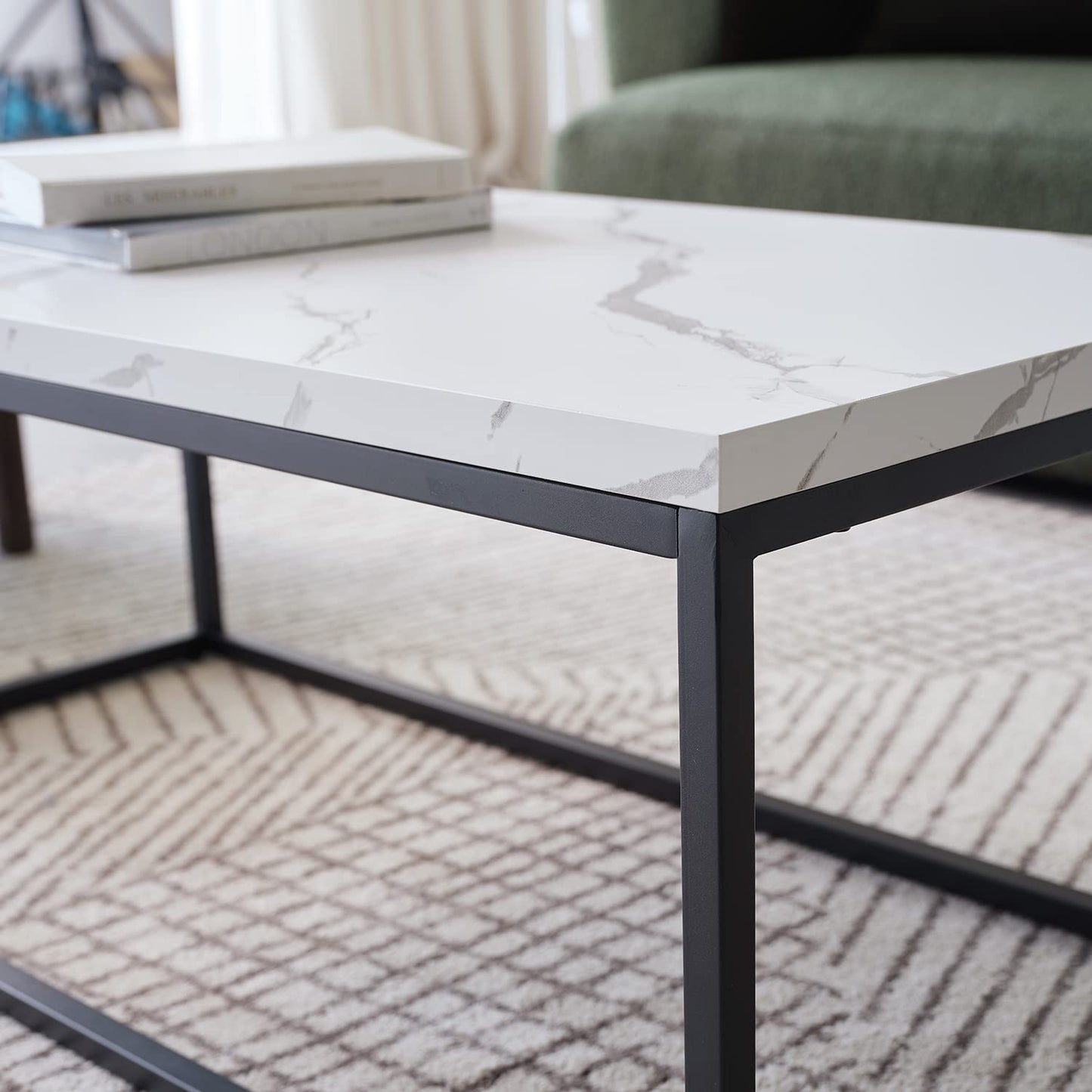 CENSI 40" White Marble Coffee Table for Living Room, Modern Rectangle Cocktail Table with Black Metal Legs, Industrial Faux Stone Center Table, Extra Thick Top, Sturdy & Easy Assembly