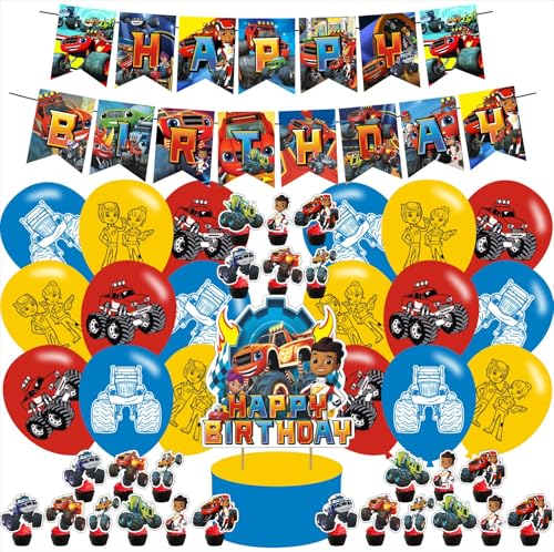 Blaze and The Monster Themed Birthday Party Supplies Set Happy Birthday Banner, Cake Topper, Cupcake Toppers, Balloons Sti...