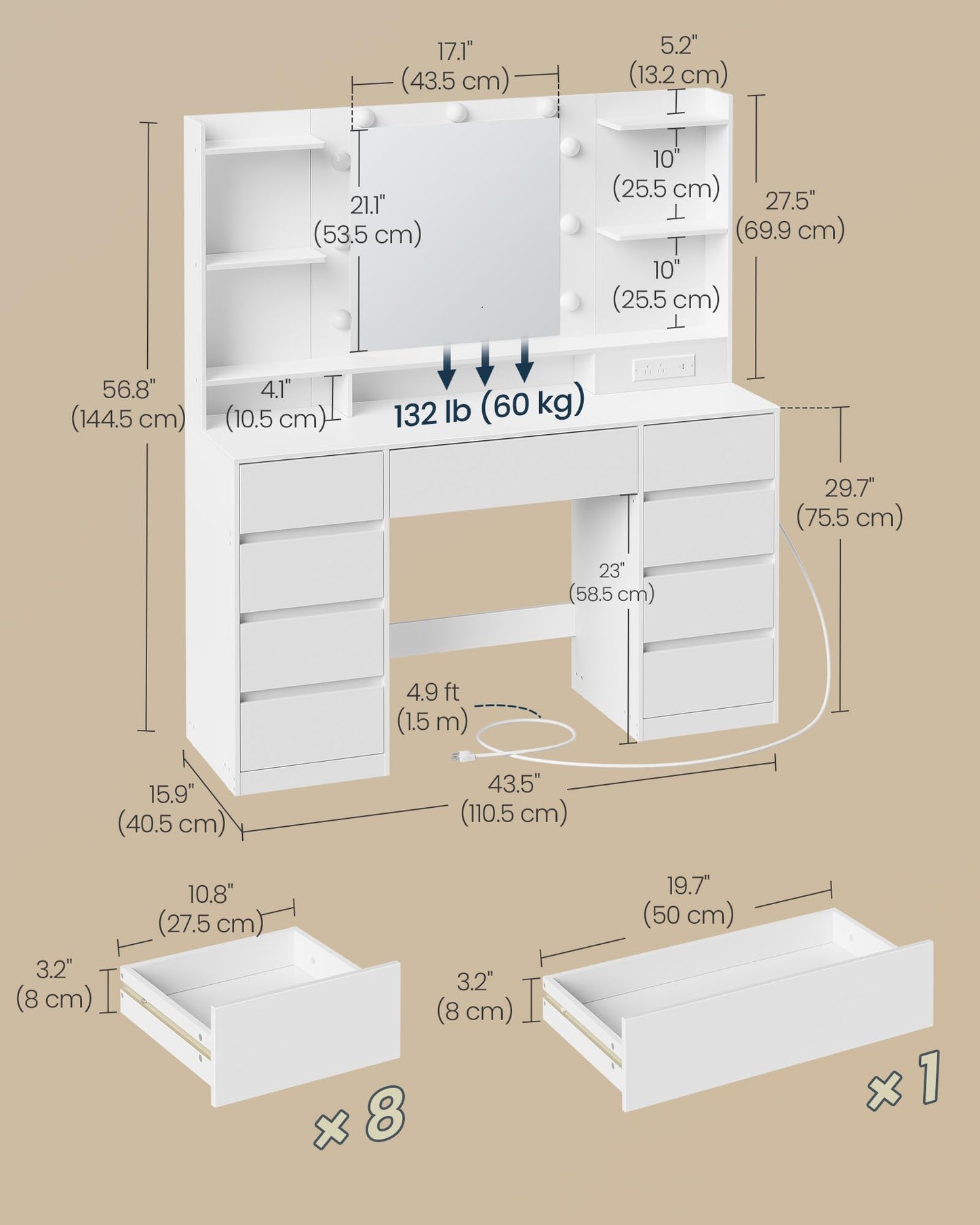 SONGMICS HOME Vanity Desk with Mirror and Lights, Makeup Vanity Table with Power Outlets, 9 Drawers Storage Dressing Table for Bedroom, White