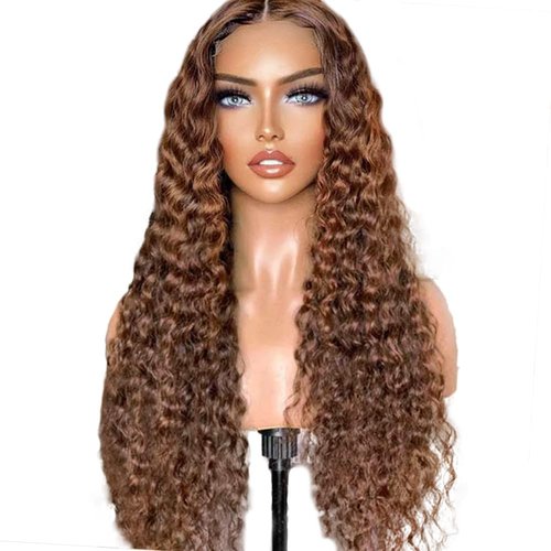 Luxvogue Chocolate Curly Human Hair Wig Lace Frontal Closure Jerry Curly Human Hair Wig Pre Plucked Pre Cut Lace Frontal Closure Glueless Wigs Elastic Band 200% Density