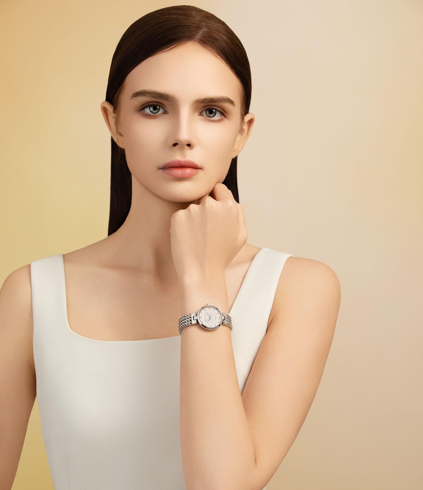 GOLDEN MAPLE Dainty Silver Watch for Women: Gray Embossed Dial with Diamond Time Markers, Adjustable Bracelet and Stylish Gift Watch Box (Gray)