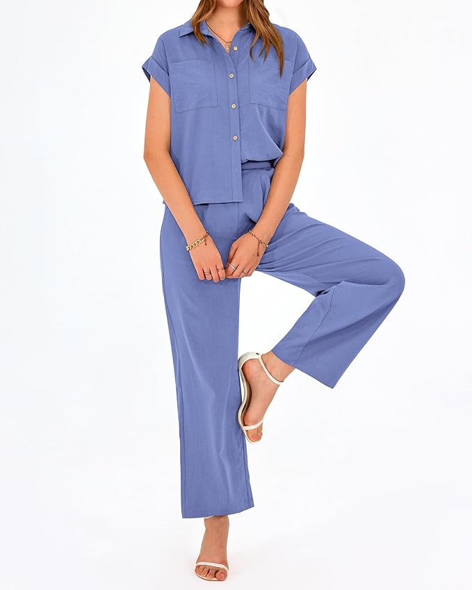 PRETTYGARDEN Womens 2 Piece sets Summer Cap Sleeve Tops Palazzo Pants Dressy Casual Vacation Travel Outfits Tracksuits