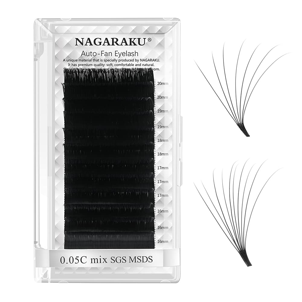 NAGARAKU Easy Fan Eyelash Extensions Volume Lash 0.05 C curl 15mm Rapid Blooming Faux Mink Cluster For Beginners Soft Profession