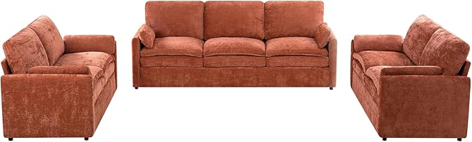 ACMEASE 3 Pieces Chenille Sofa Set w/Arm Pillows, Upholstered 2 Pieces Loveseat & 3 Seater Sofa w/Comfortable Back Cushions, Modern 2-Seat & 3-Seat w/High-Density Foam for Living Room, Orange
