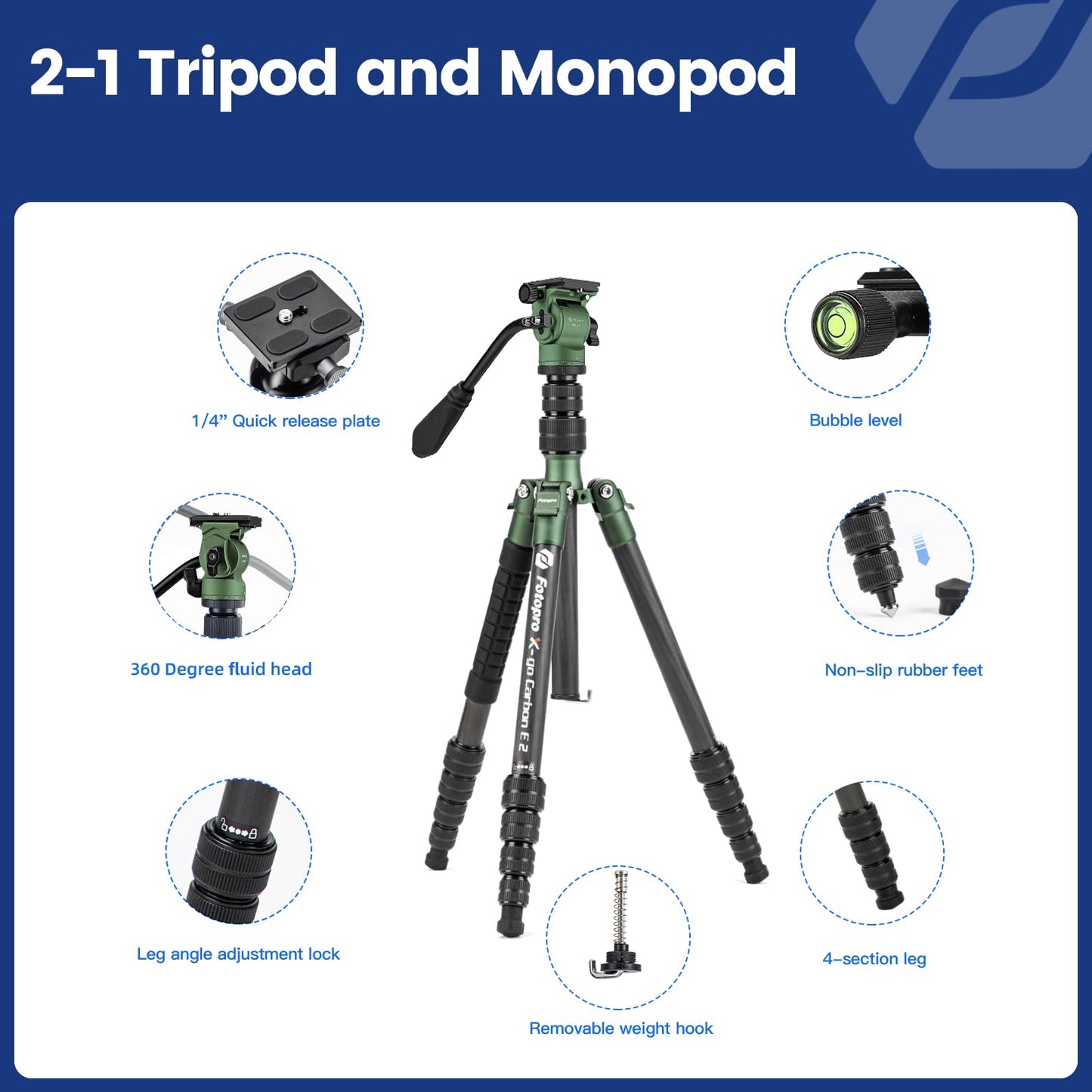 Fotopro 62" Carbon Fiber Camera Video Tripod, 2.3lbs Lightweight Travel Compact Tripods with Fluid Head, Detachable Monopod with Arca-Swiss Quick Release Plate, Load up to 11lbs,Compatible with DSLR