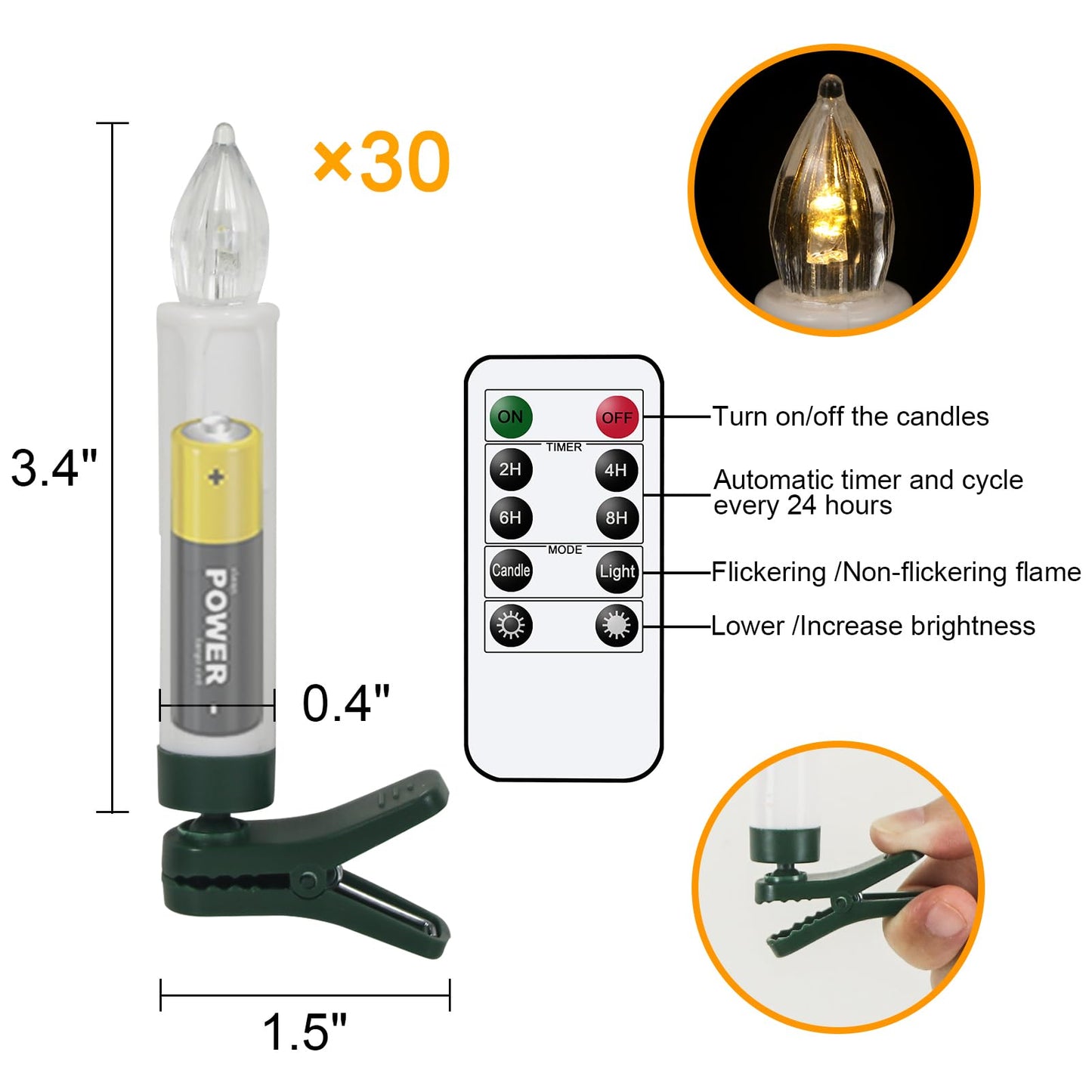 Wondise 30pcs Christmas Flameless Taper Candle Christmas Tree Candle Lights Battery Operated Candles with Remote & Timer, Plastic Flickering LED Candles for Christmas Holiday Home Garden Decor