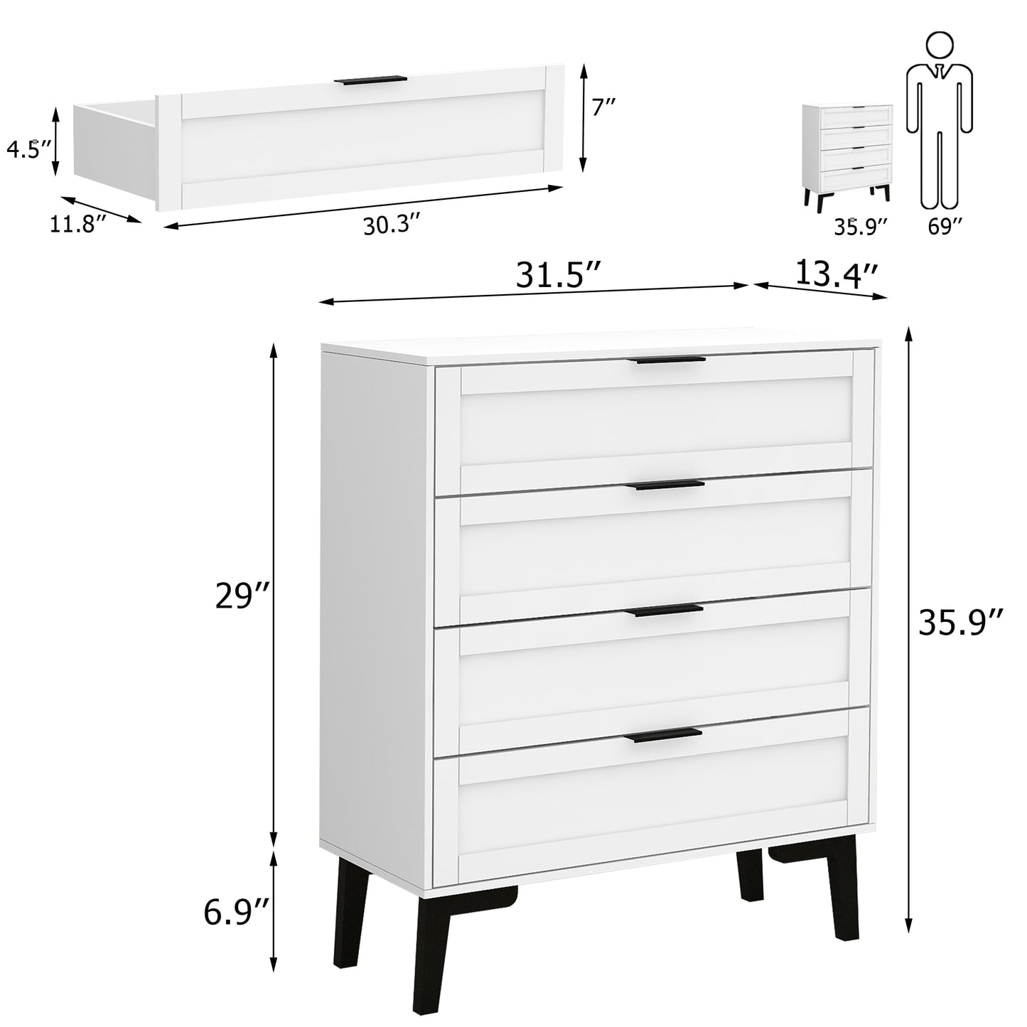 TaoHFE White 4 Drawer Dresser for Bedroom,Wood Lingerie Chest of Drawers for Bedroom,Modern 36inch Tall White Dresser for Bedroom Living Room, Entryway, Cloakroom