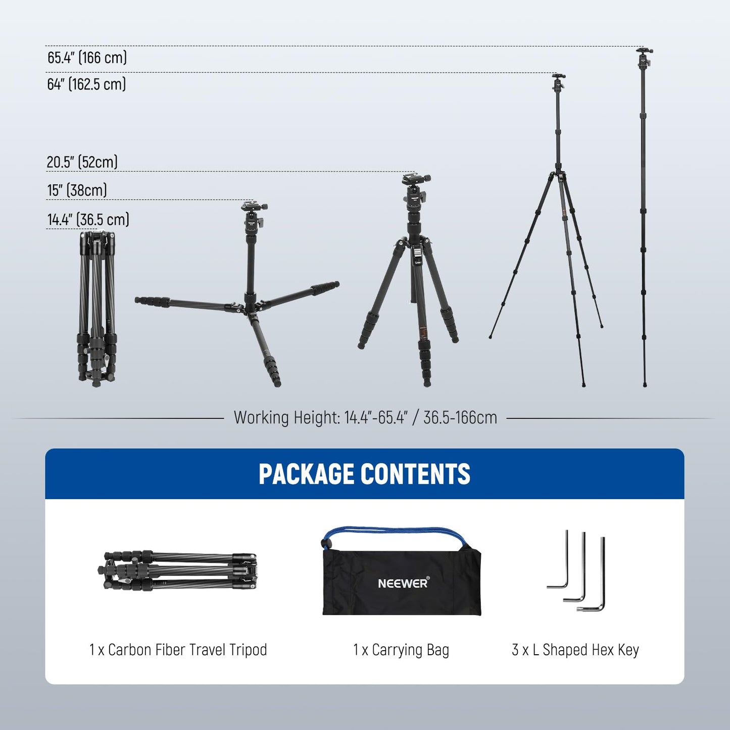 NEEWER Carbon Fiber Camera Tripod Monopod, 65" Lightweight Compact Portable Travel DSLR Video Stand, 360° Ball Head, Anti Slip QR Plate, Inverted Central Axis, Reversible Legs, Max Load 13.2 lbs, TP39