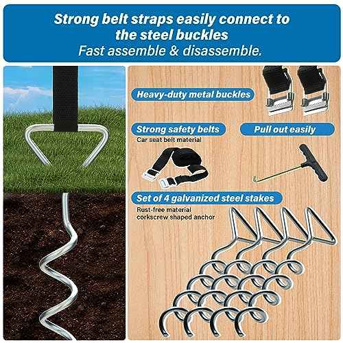 Simple Deluxe Trampoline Stakes Heavy Duty Trampoline Parts Corkscrew Shape Steel Stakes with T Hook Trampoline Anchor Kit Tie Down Kit Ground Wind Stake (Set of 4)