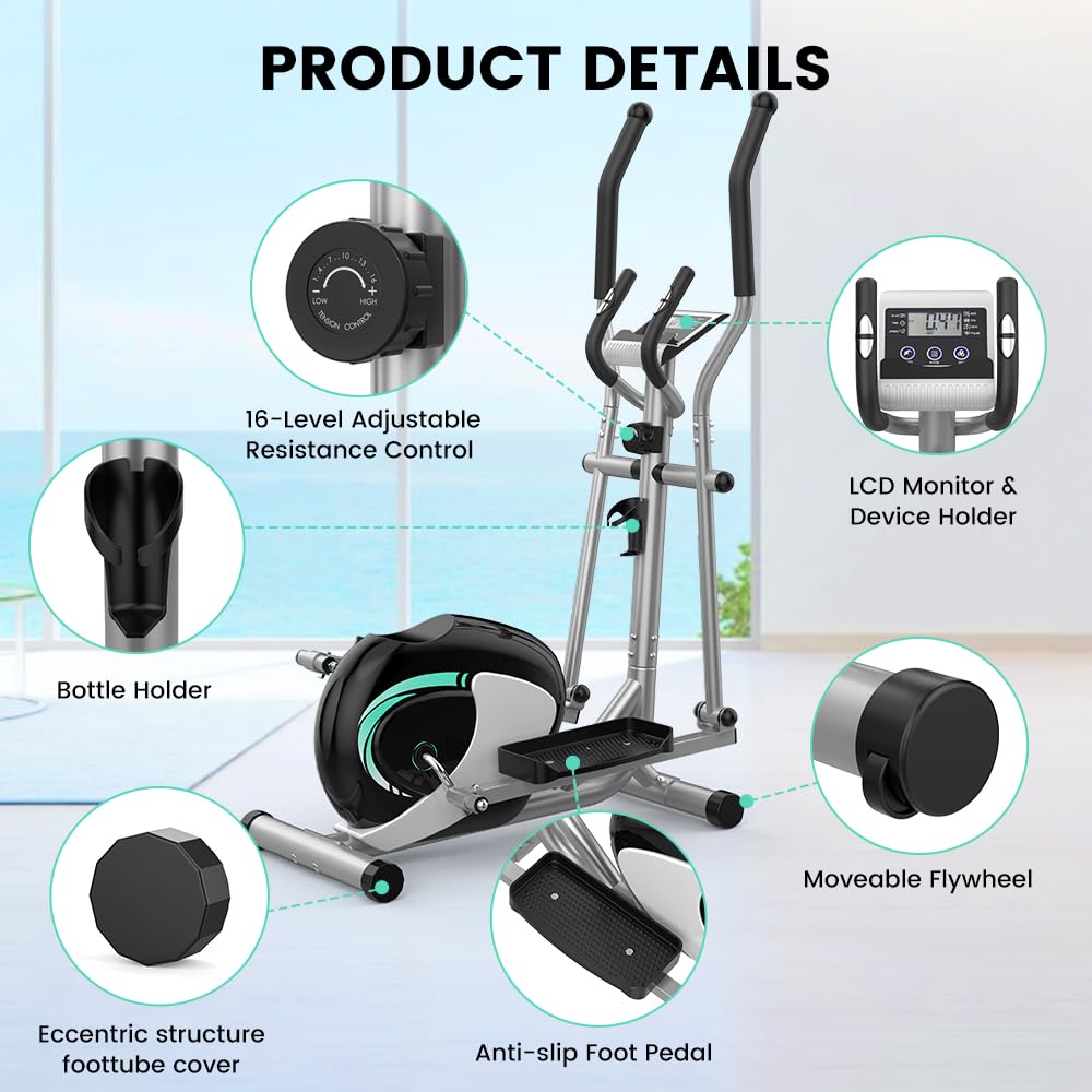 Dripex Elliptical Exercise Machine, Elliptical Machine for Home with 16 Resistance Levels, Quiet & Smooth Magnetic Elliptical Training Machines with 13.2 lb Flywheel, LCD Monitor & Pulse (Silver)