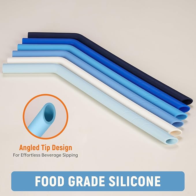 NiHome 6PCS Extra Wide Reusable Bent Silicone Straws for Boba, Smoothies, Bubble Tea, Bent Straws for Thick Drinks, Child-Safe, Customizable Length, 2 Brushes Easy Cleaning (Ocean Colors)