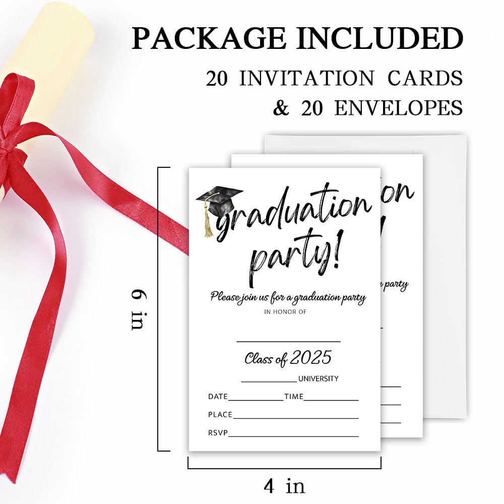 YKYENR 4"x6" Graduation Invitation - 20pcs Invites Card With Envelope - University, Master Graduation Fill-in Style Invitation Card - Class Of 2025 Congratulations Graduation Party Supplies - A01