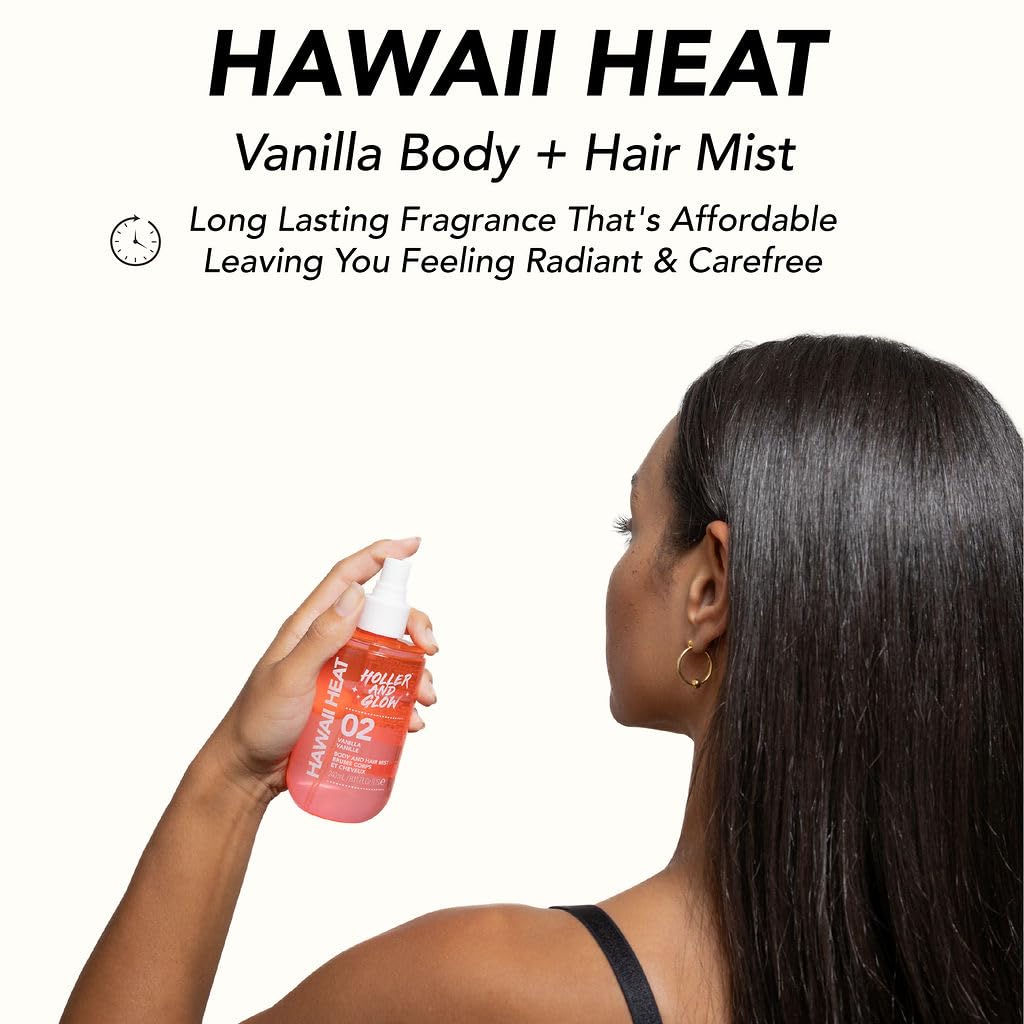 Holler and Glow Hawaii Heat Body & Hair Mist, Warm Vanilla, Peony & Amber Scent, Long-Lasting Daily Fragrance, Lightweight, Vegan, Cruelty-Free, Alcohol-Free, Hydrating Hair Perfume, 8.11 Fl Oz