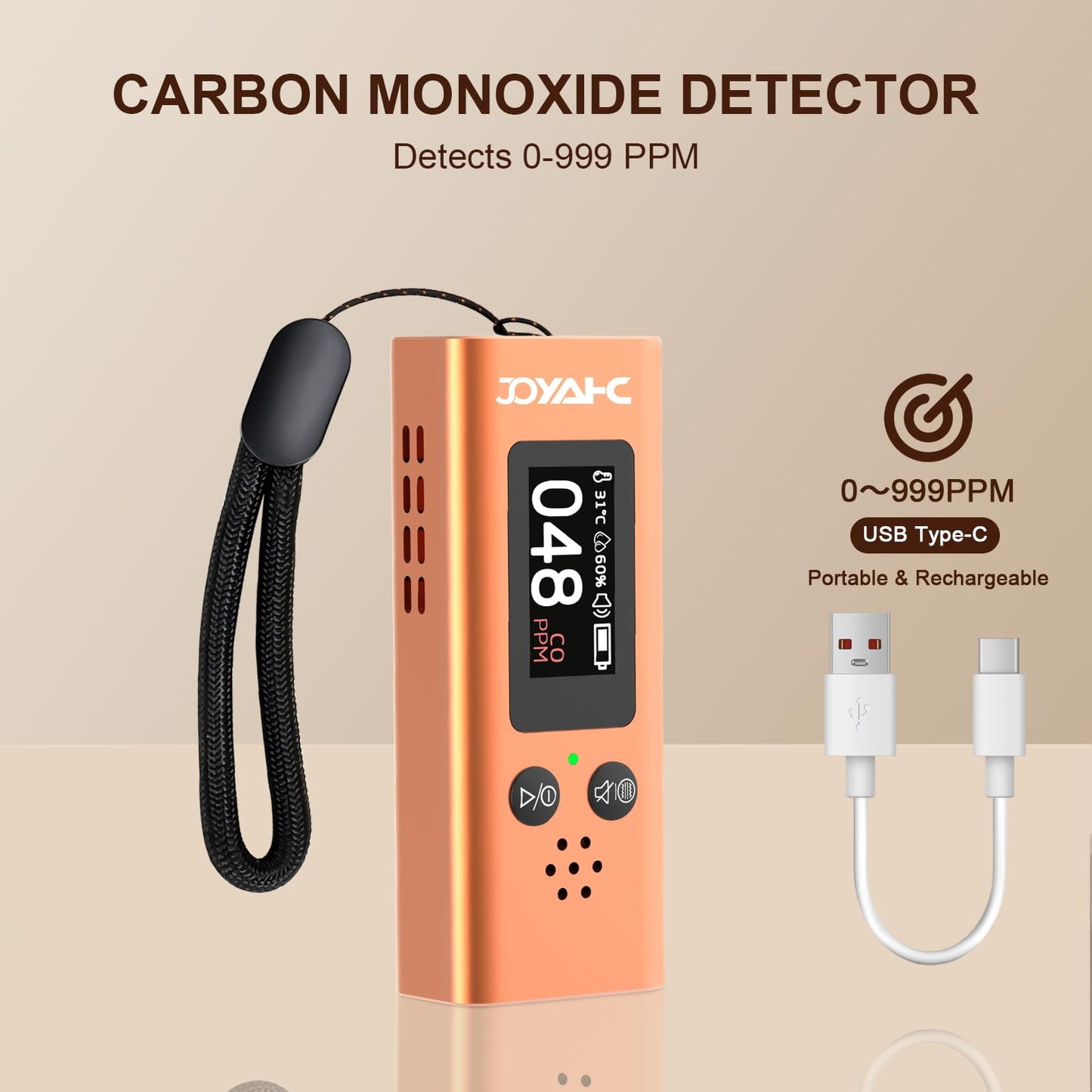 Portable Carbon Monoxide Detector for Travel, 3-in-1 CO Detector with Temperature & Humidity Sensor, Dual Audible & Visual Alarm Camping, RV and Hotel for Safety (Orange)